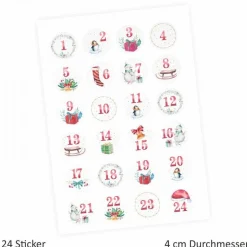 24 Adventskalender Zahlen Aufkleber Aquarell - rund 4 cm Ø - Sticker Weihnachten zum basteln dekorieren DIY