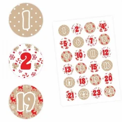 24 Adventskalender Zahlen Aufkleber ROT/BEIGE - rund 4 cm Ø - Sticker Weihnachten zum basteln dekorieren DIY