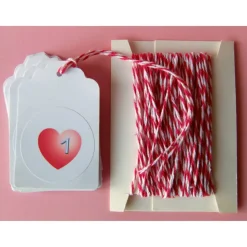 24 Adventskalenderzahlen Anhänger tags, HERZ rosa pink rot, Adventskalender Bäckergarn, bunt-mixx