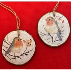 2 Anhänger aus Holzscheiben, Rotkehlchen, Weihnachten, Winter