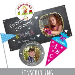 15 Aufkleber | Einladung grün - Bunte Wimpel  - personalisierbar | Schulanfang, Kinderparty