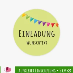 15 Aufkleber | Einladung grün - Bunte Wimpel  - personalisierbar | Schulanfang, Kinderparty