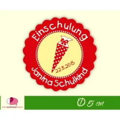 15 Aufkleber | Einschulung - Schultüte mit Pünktchen - rot gelb - personalisierbar