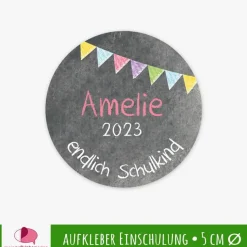15 Aufkleber | endlich Schulkind rosa - bunte Wimpel - personalisierbar | Schulanfang, Tafeloptik