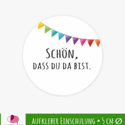 15 Aufkleber | Schön, dass du da bist - Bunte Wimpel  - personalisierbar | Schulanfang, Kinderparty
