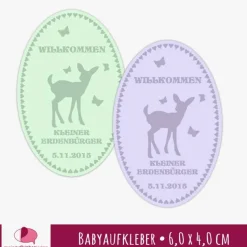 18 Babyaufkleber zur Geburt | Kleines Rehkitz mit Schmetterlingen & Herzchen