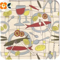 10 Bierdeckel Gedeckter Tisch, mit Eßutensilien, Fisch und Gemüse