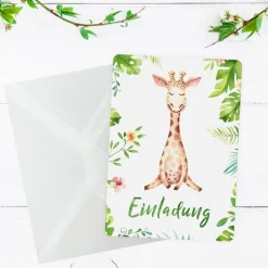 10 Einladungskarten Giraffe Dschungel grün inkl. 10 transparenten Briefumschlägen Kindergeburtstag Mädchen