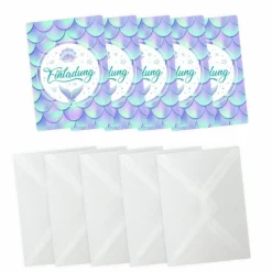 10 Einladungskarten Meerjungfrau mit GLITZER inkl. 10 transparenten Briefumschlägen Kindergeburtstag Einladung Mä