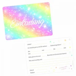 10 Einladungskarten Regenbogen bunt GLITZER inkl. 10 transparenten Briefumschlägen Kindergeburtstag Einladung Mä