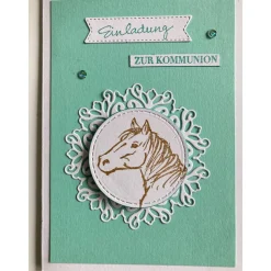5 Einladungskarten zur Kommunion mit Pferd in Grün/Weiß