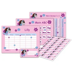 4 er Set  A4 Stundenplan + Lernposter + Heftaufkleber  | Pony Blumen - rosa