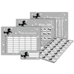 4 er Set  A4 Stundenplan + Lernposter + Heftaufkleber  | Wildpferd - grau