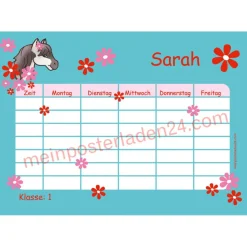 4 er Set  A4 Stundenplan + Lernposter + Heftaufkleber  | Pony Blumen - türkis rot