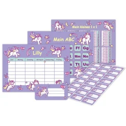 4 er Set  A4 Stundenplan + Lernposter + Heftaufkleber  | Einhorn - lila