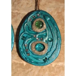 2 er-Set Ostereier GRÜNTÜRKIS Collage Acrylmalerei auf einem flachen Pappmachè-Ei Künstler-Ei Osterdeko