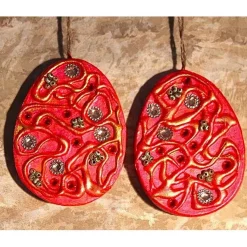 2 er-Set Ostereier ROTGOLD  Collage Acrylmalerei auf einem flachen Pappmachè-Ei Künstler-Ei Osterdeko