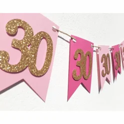 30. Geburtstag Girlande Wimpel Fahnenkette Banner Dekoration Papiergirlande in Rosa Gold und Pink, absolute Trendfarben!