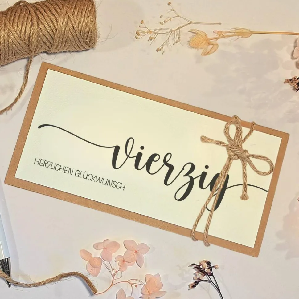 40. Geburtstag Glückwunschkarte – Handgemachte Geldgeschenk Karte mit Umschlag & Juteschleife