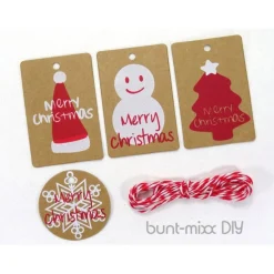 12 Geschenkanhänger mit Twine, X-Mas Weihnachten, Kraftpapier Anhänger Tannenbaum, Nikolaus Mütze, Schneemann