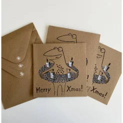 3 handgedruckte Weihnachtskarten, Merry Xmas, Weihnachten, Weihnachtskarte, Linoldruck, handgedruckt. Frosch Kart