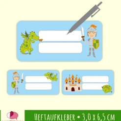 24 Heftaufkleber | Ritter & Drache blau - Schulaufkleber zum selbstbeschriften - 3,0 x 6,5 cm