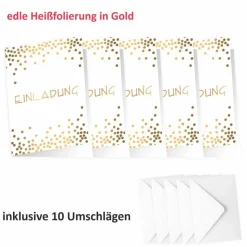 10 Klapp-Einladungskarten Punkte Gold inkl. 10 weißen Briefumschlägen - Hochzeit Geburtstag Konfirmation Jubil&