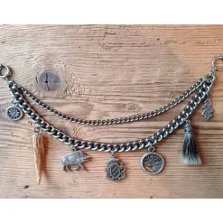 1 Lederhosen - Charivari, zweireihig, 7 Anhänger, ca. 33 cm, Trachtenschmuck, Herrenschmuck, Trachtenaccessoires