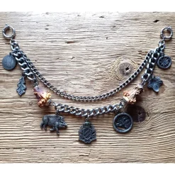 1 Lederhosen - Charivari, zweireihig, 7 Anhänger, ca. 33 cm, Trachtenschmuck, Herrenschmuck, Trachtenaccessoires