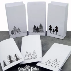 6 Papiertüten, bedruckt mit Tannenbäumen als Geschenktüten, Adventskalendertüten oder Lichtertüten (1)