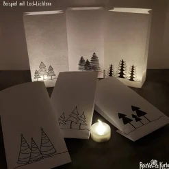 6 Papiertüten, bedruckt mit Tannenbäumen als Geschenktüten, Adventskalendertüten oder Lichtertüten (1)