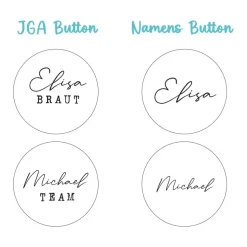 10 personalisierte Hochzeit JGA Button, Stil 04 | runde 32mm Namen Button | Junggesellenabschied Namensbutton