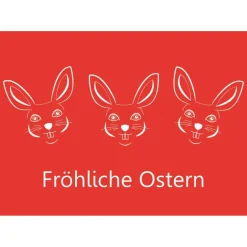 3 Postkarten Fröhliche Ostern, mit drei lachenden, stilisierten Osterhasen auf Rot