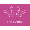 3 Postkarten Frohe Ostern, mit zwei lachenden, stilisierten Osterhasen auf Pink