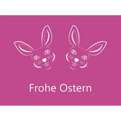 3 Postkarten Frohe Ostern, mit zwei lachenden, stilisierten Osterhasen auf Pink