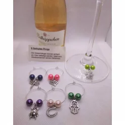 6 Sektringe - Markierungsringe für Stielgläser, Anhänger "Glück"