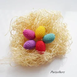 5 Umhäkelte Ostereier - gehäkelt,Ostern,Tischdeko,Gastgeschenk,kräftige Farben,violett,rot,gelb