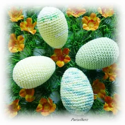 4 umhäkelte Ostereier zur Tischdeko - Gastgeschenk,Ostern,Muttertag,Dekoeier,festlich,modern,easter,sammeln,gelb,grün