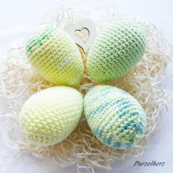 4 umhäkelte Ostereier zur Tischdeko - Gastgeschenk,Ostern,Muttertag,Dekoeier,festlich,modern,easter,sammeln,gelb,grün