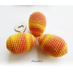 3 umhäkelte Ostereier zur Tischdeko - Gastgeschenk,Ostern,Muttertag,Dekoeier,festlich,modern,gelb,pfirsich
