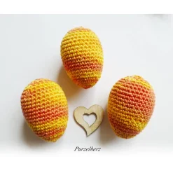 3 umhäkelte Ostereier zur Tischdeko - Gastgeschenk,Ostern,Muttertag,Dekoeier,festlich,modern,gelb,pfirsich