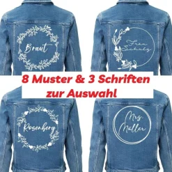 8 versch. pers. Jeansjackenaufdruck Braut/Hochzeit/Verlobung/ Get Ready/weiß Blumenmuster/Ringe/Eukalyptus /Bü