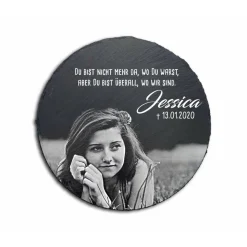20 x 20 cm runde Schiefertafel mit Gravur & Foto – personalisierter Gedenkstein, wetterfest als Grabschmuck