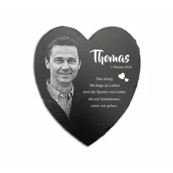 20 x 23 cm Schieferherz mit Gravur – personalisierter Gedenkstein mit Foto & Wunschtext als wetterfester Grabschmuck