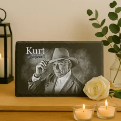 20 x 15 cm Schiefertafel mit Gravur – personalisierter Gedenkstein mit Foto & Wunschtext als wetterfester Grabschmuck