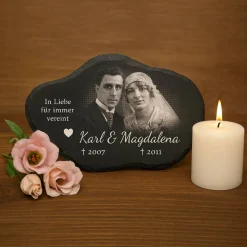 20 x 15 cm Wolke Schiefertafel mit Gravur – Personalisierter Gedenkstein mit Foto & Wunschtext – wetterfester Grabstein