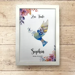 A4 Geldgeschenk zur Taufe, Kommunion, Konfirmation, Friedenstaube mit Blumenranke rosa