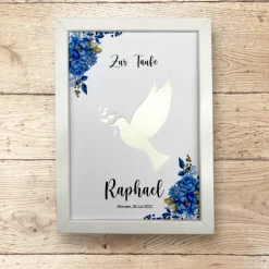 A4 Geldgeschenk zur Taufe, Kommunion, Konfirmation, Friedenstaube mit Blumenranke blau