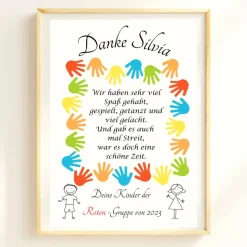 Abschiedsgeschenk Erzieherin personalisiert Hände bunt | Poster Urkunde | Geschenk Kindergarten Danke