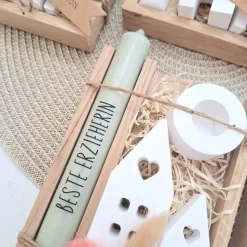 Abschiedsgeschenk Kindergarten KITA Erzieherin mit Herz Geschenkset Dankeschön Häuser / Lichthäuser Kerzenhalter Stern K